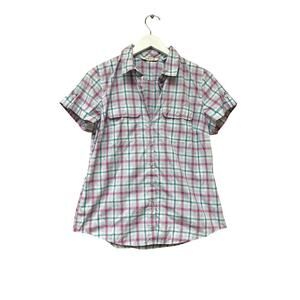 ORVIS Size Medium Women’s Checkered Button Down Tee Shirt Pink Blue Short Sleeve